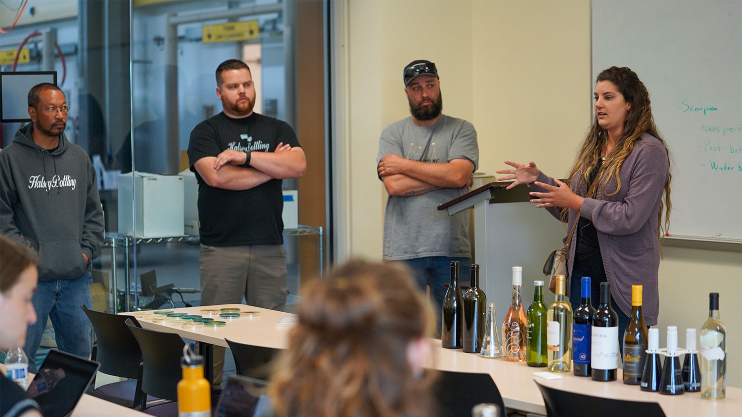 Wine bottling logistics expert, Erin Halsey, and her team at Halsey Bottling answer viticulture and enology students' questions in class.