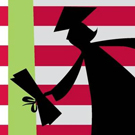  Silhouette of graduate against American flag.