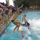 Water polo players and coaches jumping into a pool.