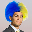 Kevin Blue with blue and gold hair (Photoshopped).