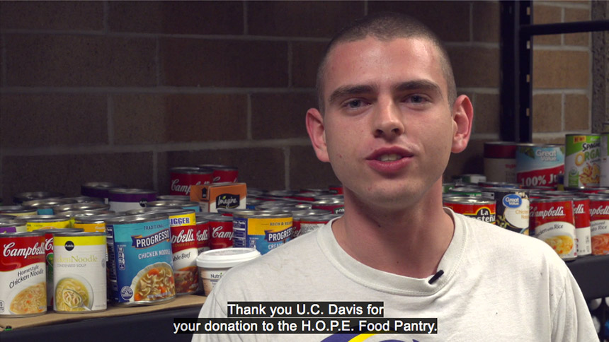 Student says "Thank you UC Davis for your donation to the HOPE Food Pantry."