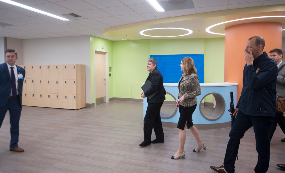 Waiting area with brighrtly colored walls