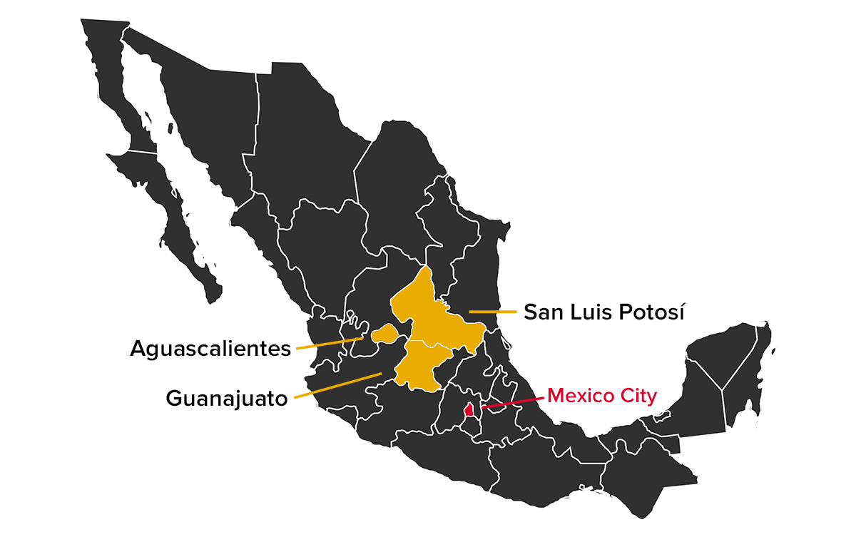Mexico map, highlighting three states and Mexico City