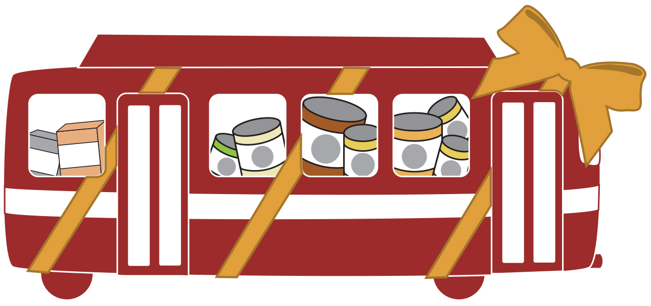 Drawing of Unitrans bus with cans and boxes of food stuffed inside, with gold ribbon around the bus