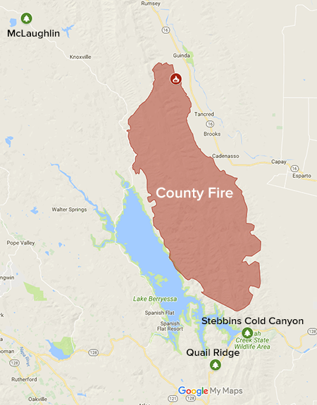 The County Fire on a map