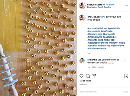 Instagram photo of many small pastas with caption "pave your own road of gold"
