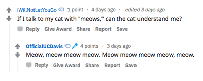Answer to question about speaking to cats with meows.