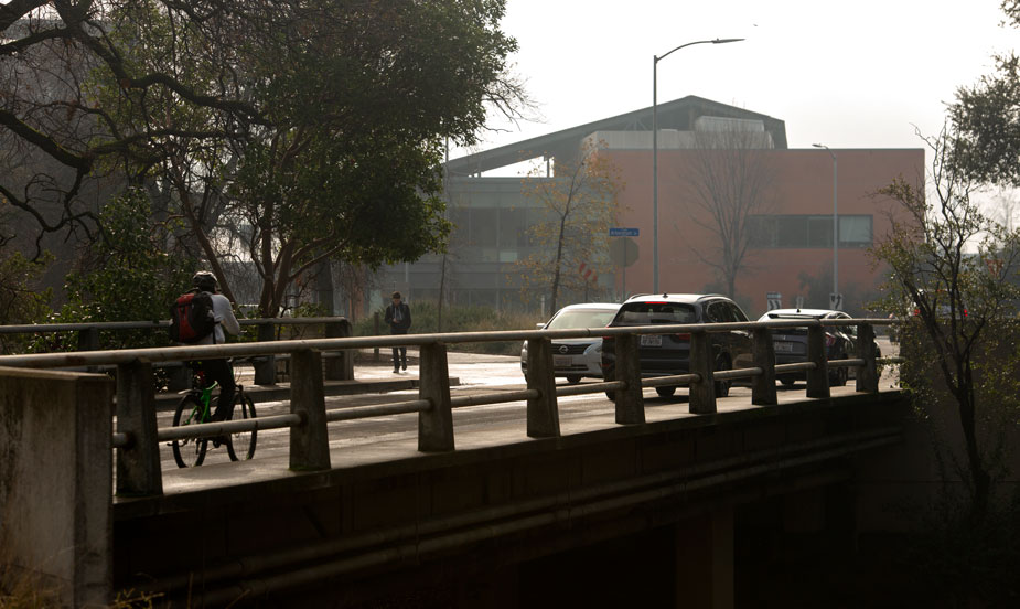 Existing bridge, ground level, looking toward Robert Mondavi Institute for Wine and Food Science