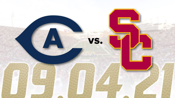 UC davis and USC athletics logos, with date of 2021 game