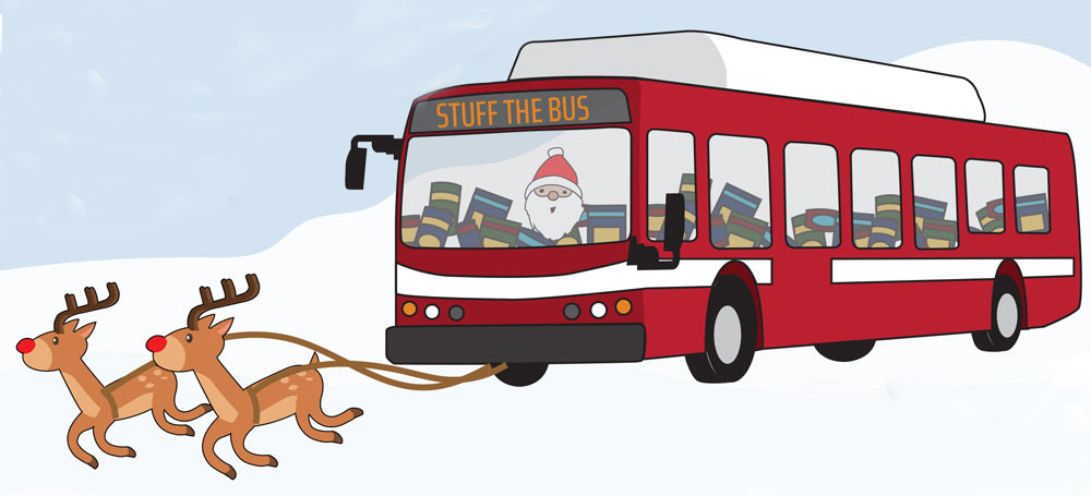 Drawing of rDrawing of red Unitrans bus with food and Santa inside, and reindeer pultting the bus.