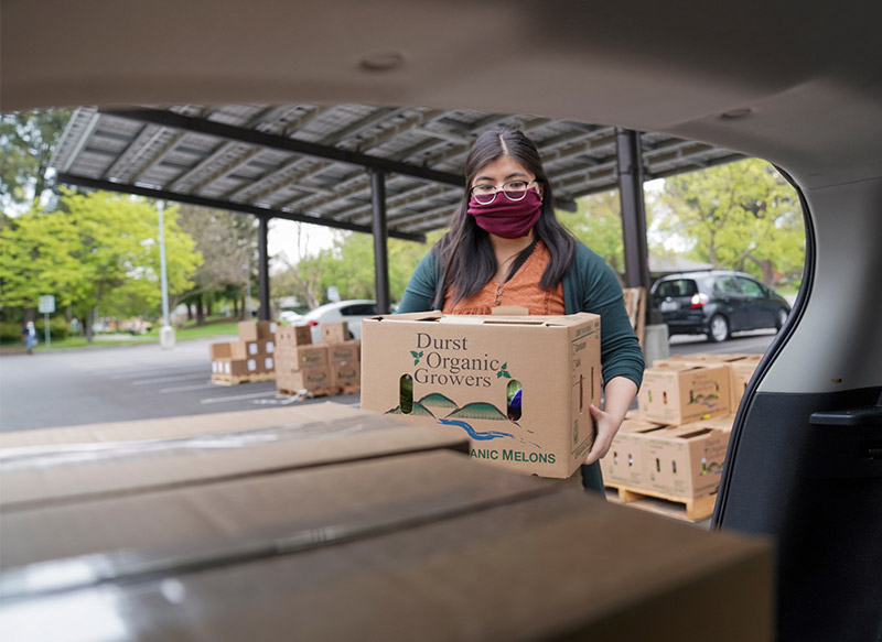 Woman loads boxes of food into car.