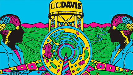 Colorful graphic shows UC Davis water tower and two people.