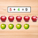 Math problem showing five apples + four apples = nine apples