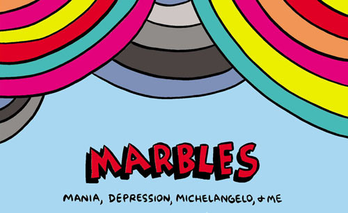 Top portion of book cover, rainbow-colored graphic over "Marb;es" in comic type