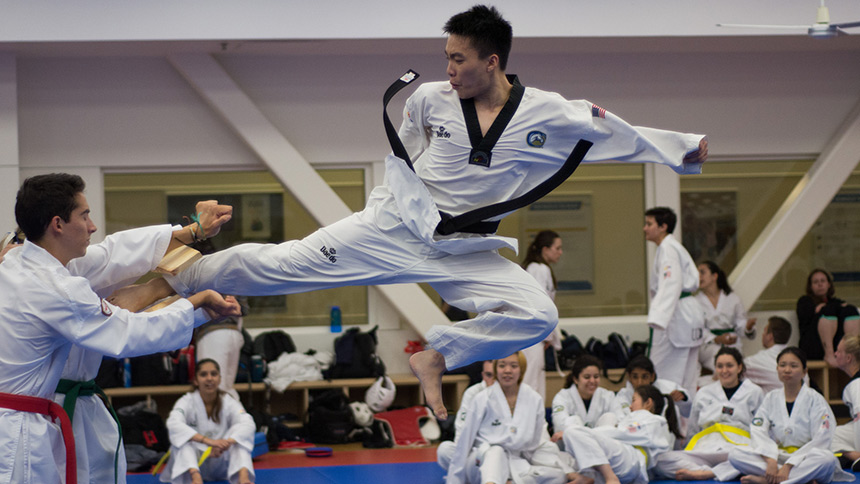 Taekwondo club member leaping in the air with a kick 