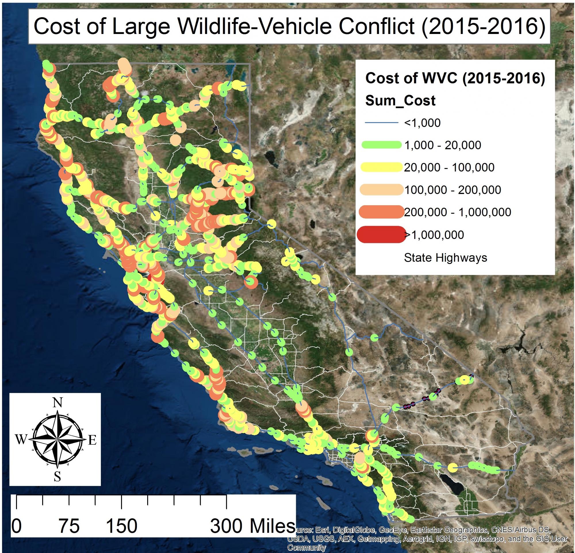 map showing cost/mile of roadkill on CA highways