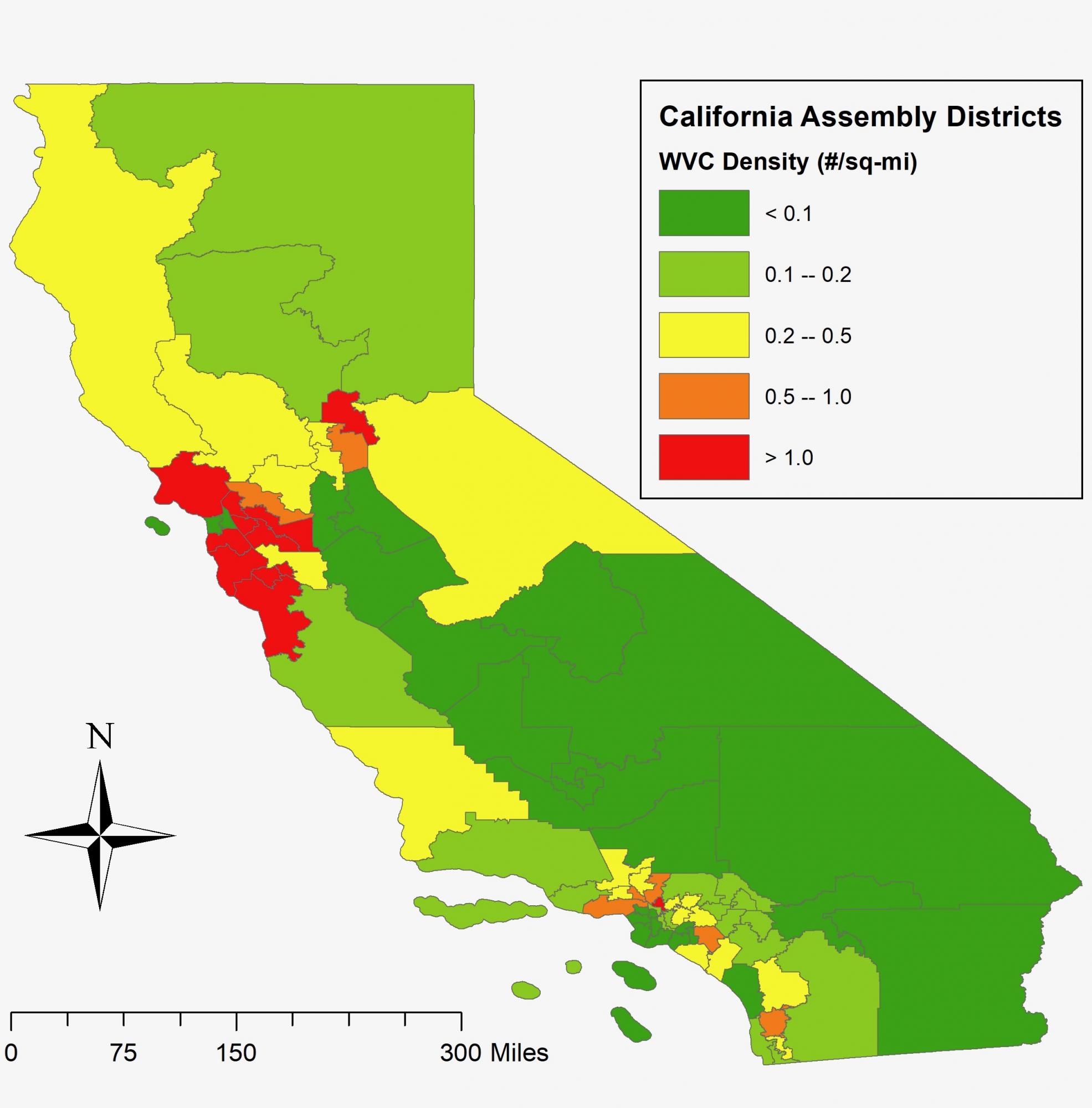 Map of roadkill density in CA by assembly district.