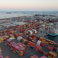 aerial view of a port full of shipping containers