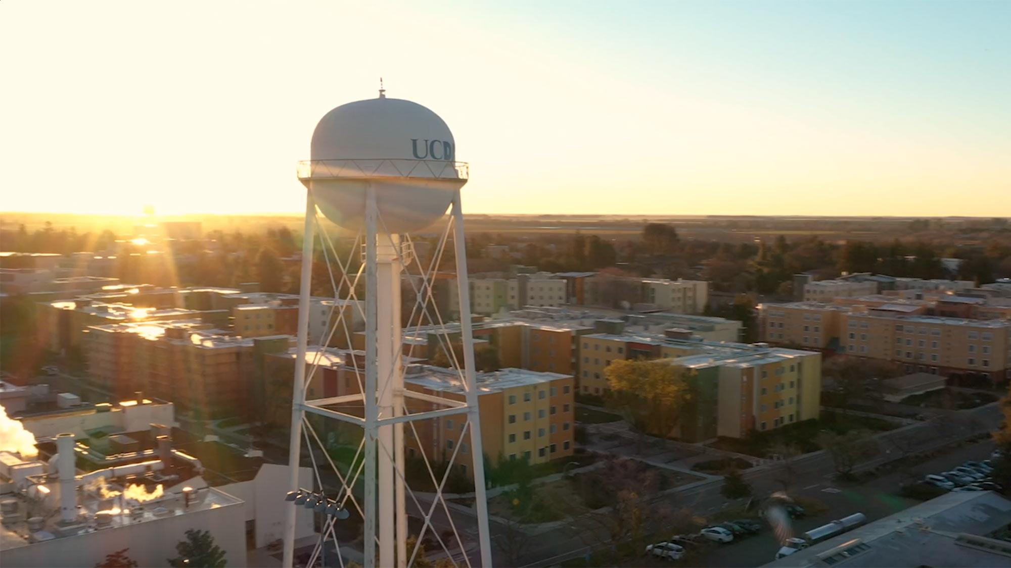 First frame of the UC Davis drone video featuring the water tower at UC Davis