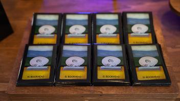 Eight magnets showing Bookhead on a lotería card as “El Bookhead” are displayed on a wooden table