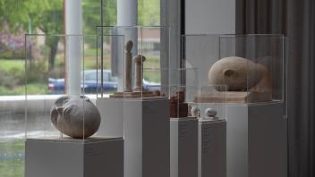 The original ceramic Egghead models displayed inside glass cases at the Manetti-Shrem Museum.