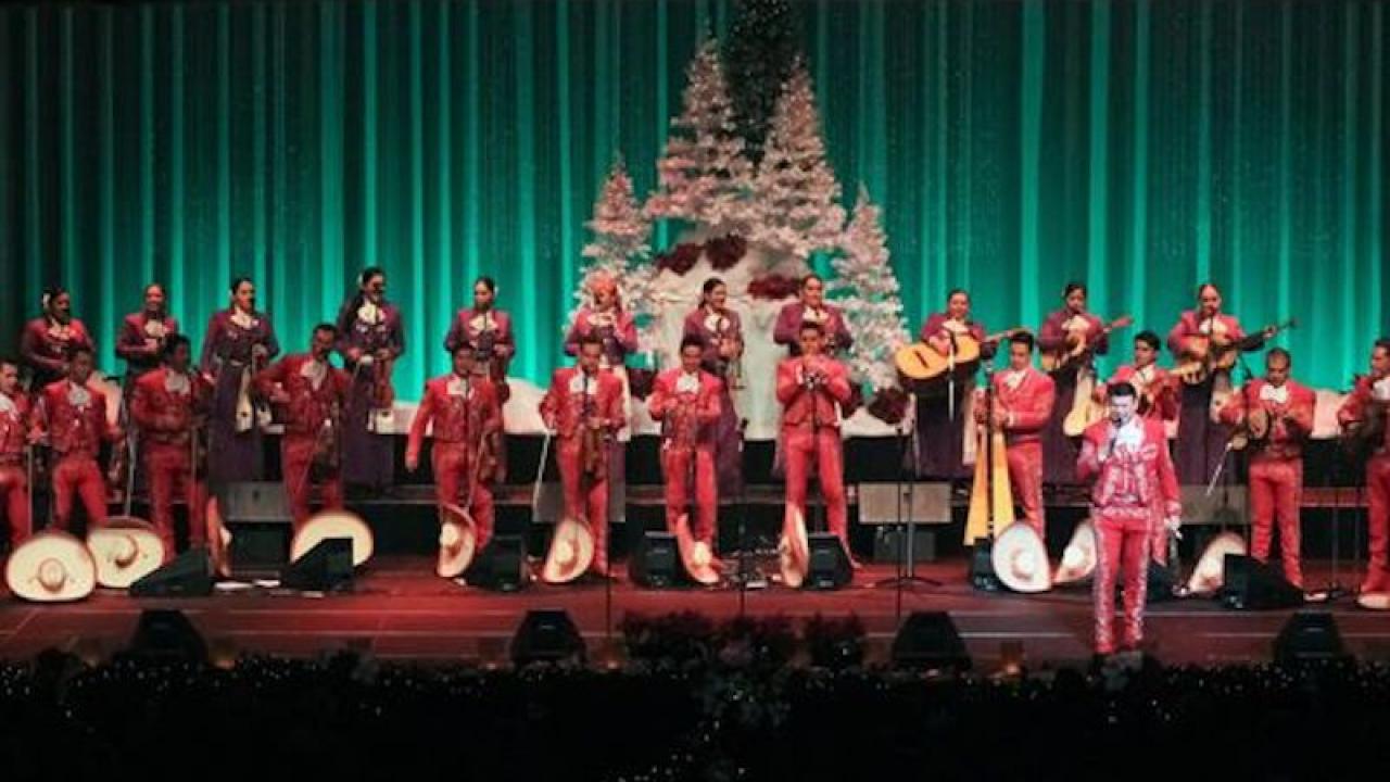 Mariachi Sol de Mexico on stage decorated with Christmas trees.