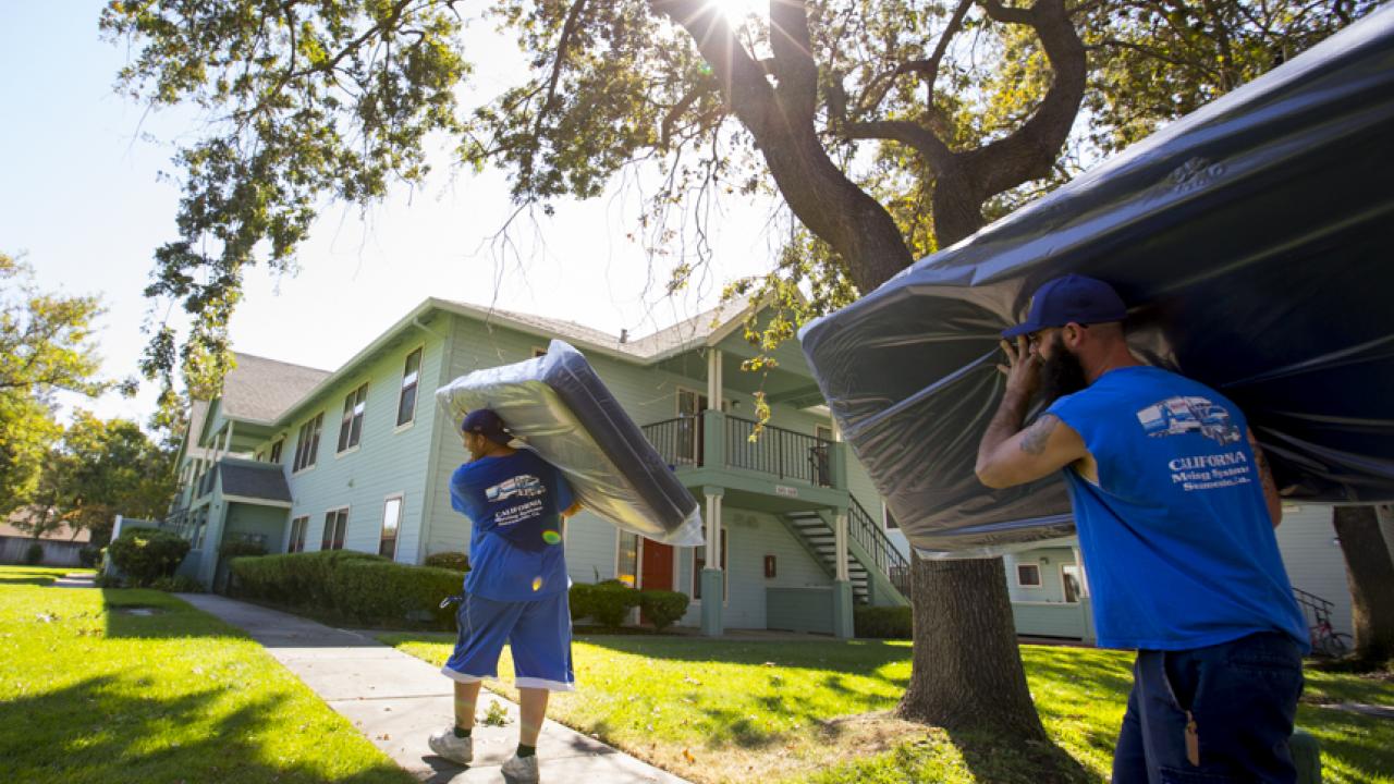 Two movers carry mattresses into apartments