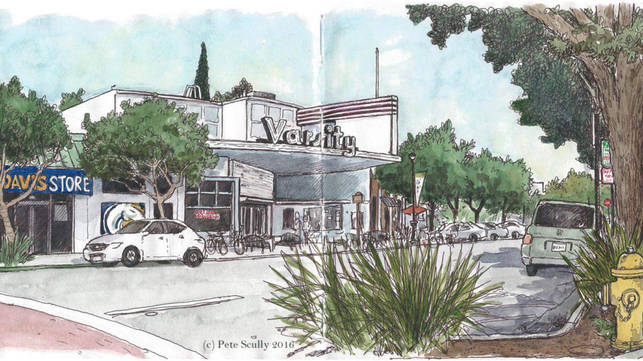 Pete Scully sketch: Second Street, Davis, including Varsity Theatre marquee