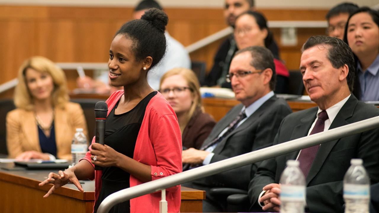 Roza Patterson asks a question after an appellate court hearing at King Hall.
