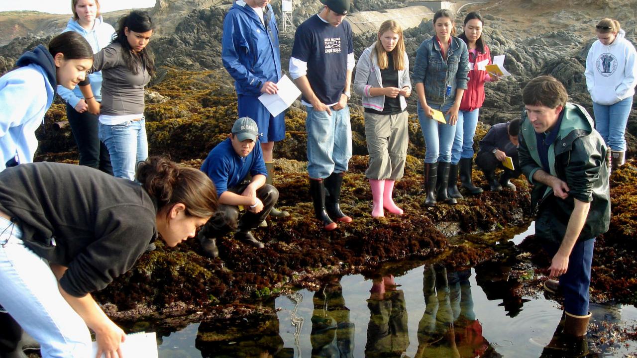 Scientist and students at ocean
