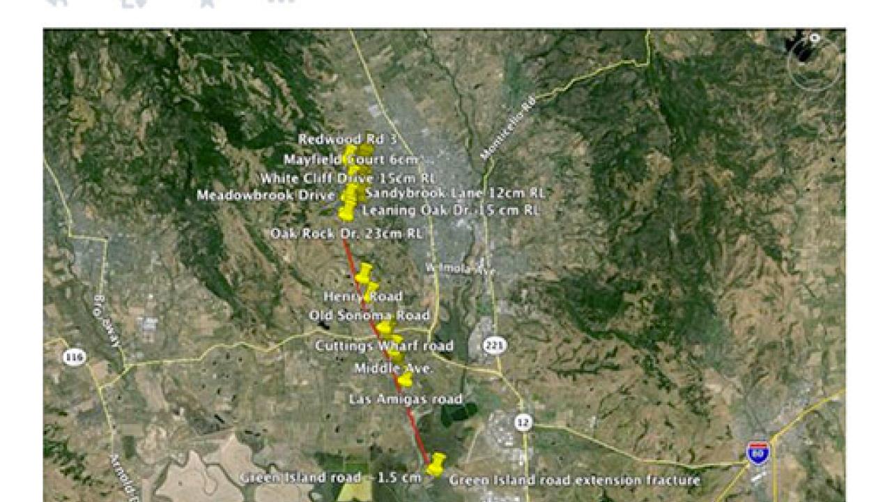 Tweet with a map of Napa Valley with yellow marks 