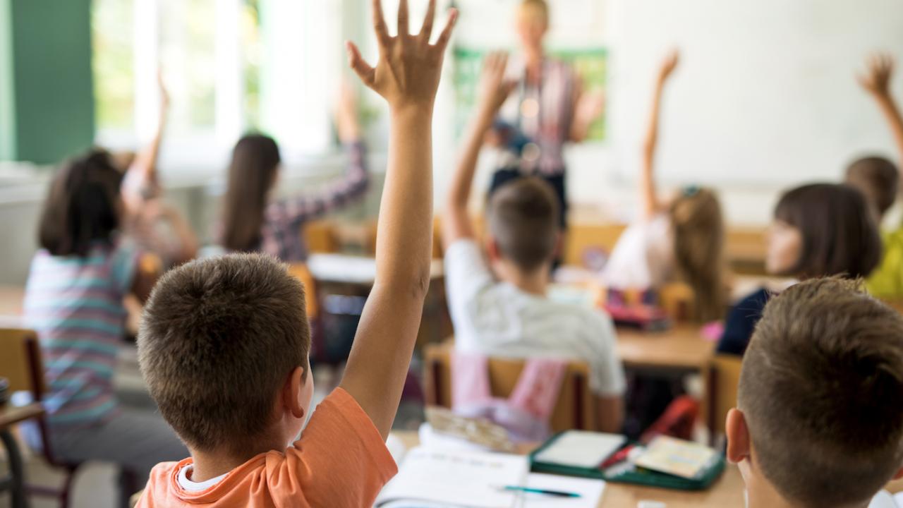 rear view of kids in classroom raising hands 