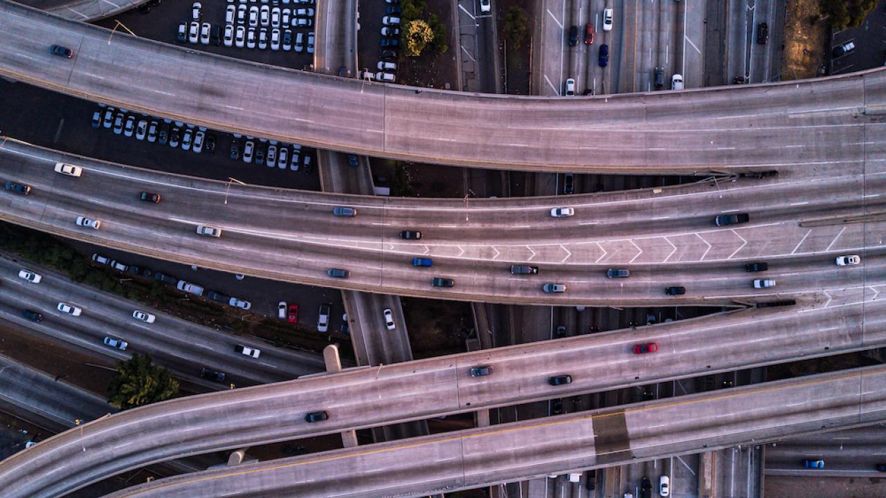 aerial photo of LA freeway traffic 