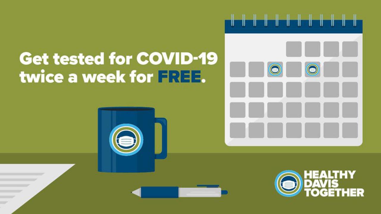 Graphic: "Get tested for COVID-19 twice a week for free," with calendar
