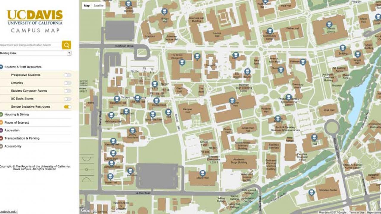 Screenshot of campus map showing gender-inclusive restroom locations.