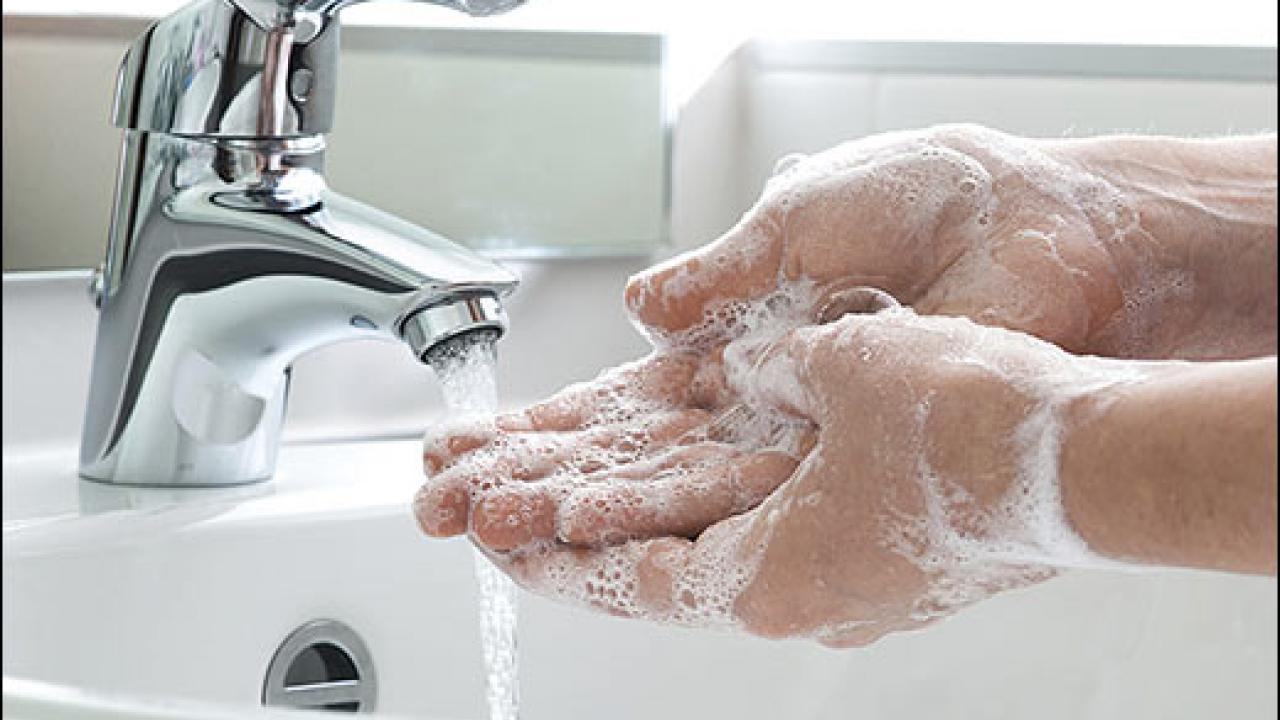 Soapy hands being washed under faucet