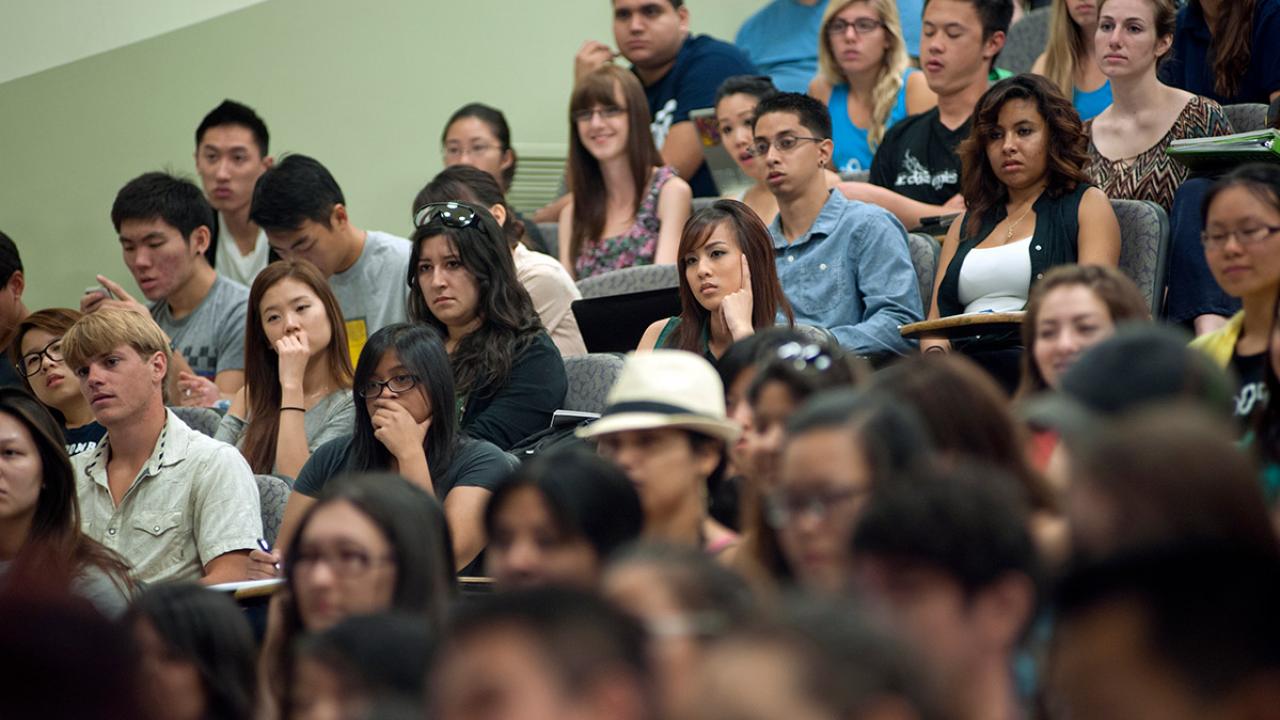 Students in a lecture hall at UC Davis.