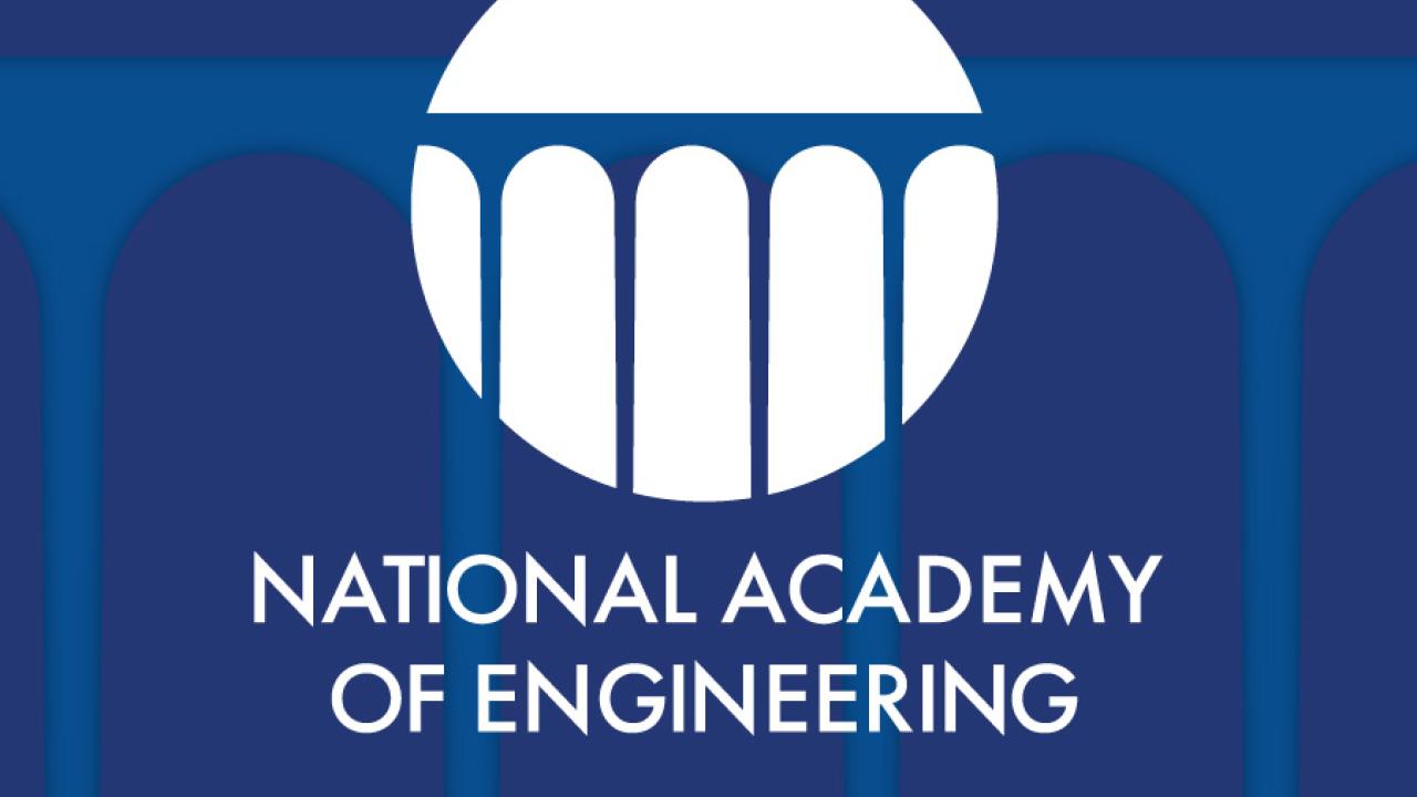 Logo of National Academy of Engineering, Dark blue background, white circle and lighter blue bridge spanning it