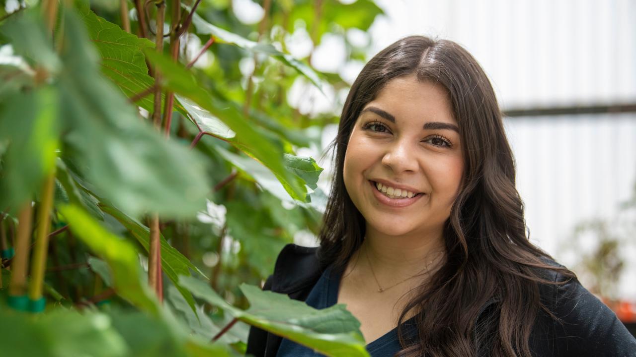A student poses smiling beside green vines at UC Davis.