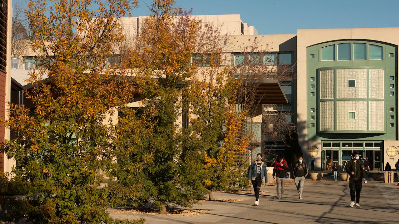 Student walk the promenade between the Student Community Center and the Library that run in front of the Graduate Center.