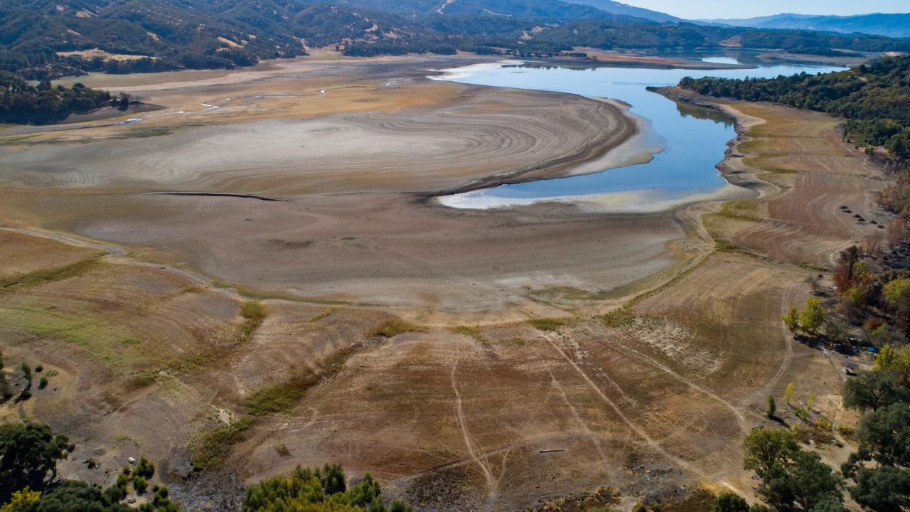 Low-wwater levels at Lake Mendocino in California in Oct. 2021.