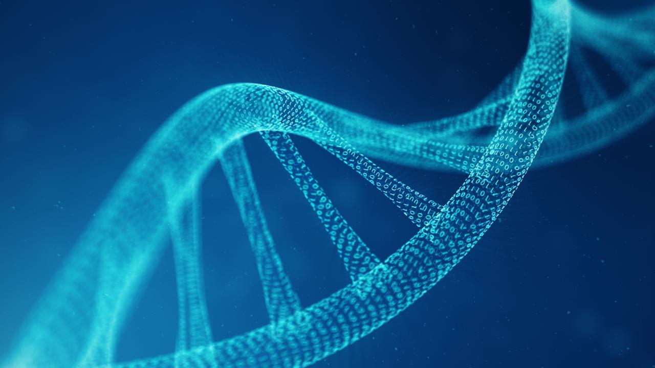 Strand of DNA light blue on darker blue background