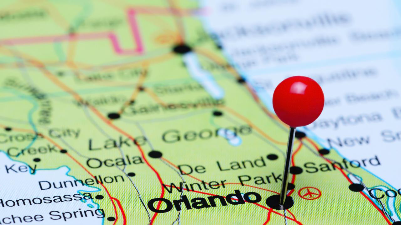 Map with red pin in Orlando, Florida
