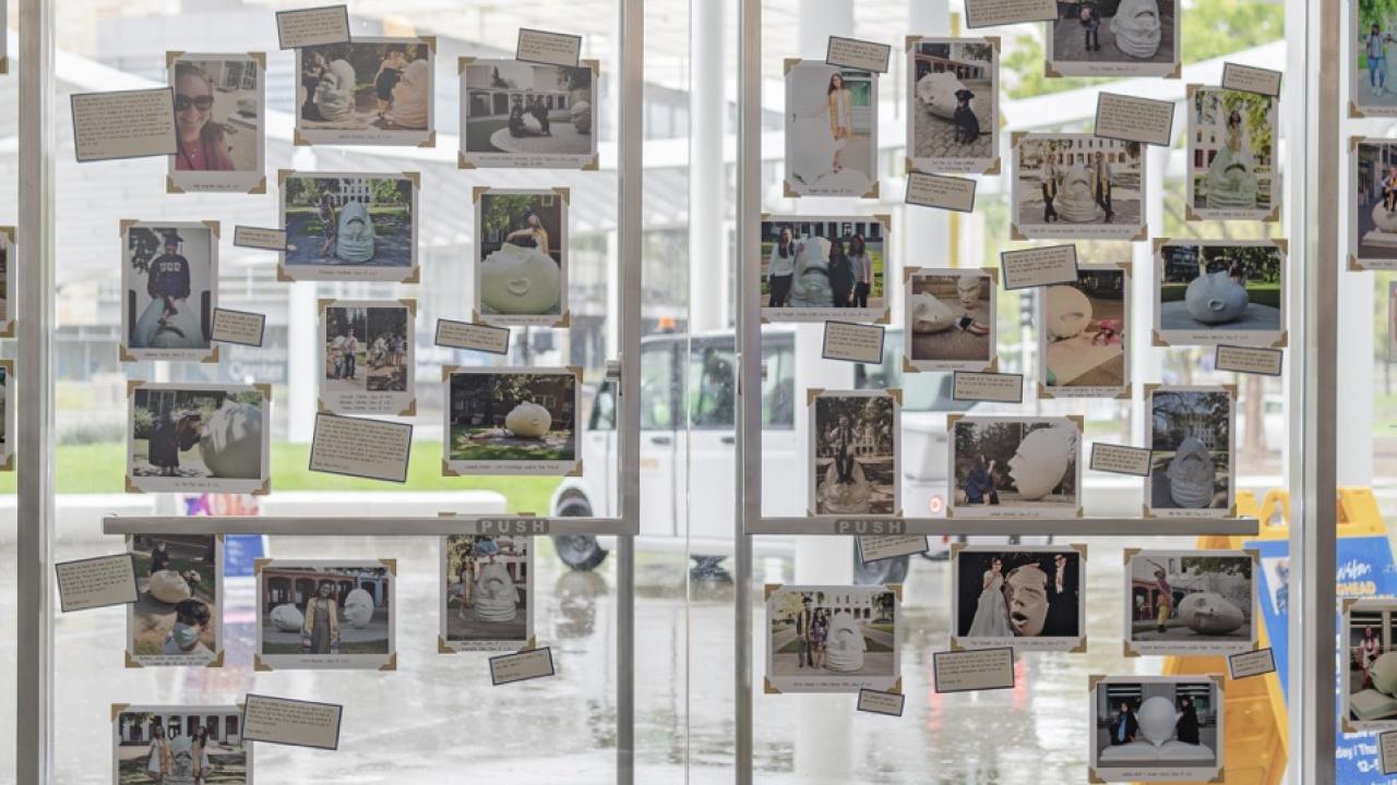 The glass facade and front doors of the Manetti Shrem Museum feature "Sunnyside Up," 