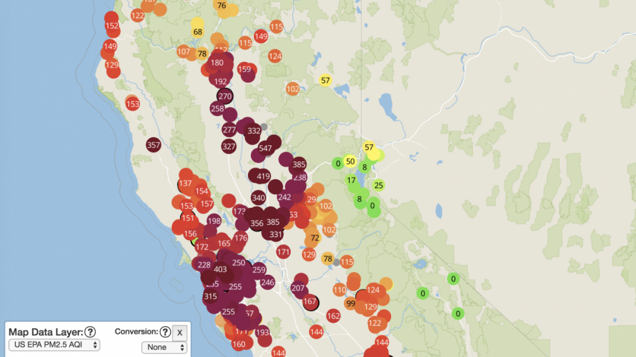A map of the Air Quality Index in California