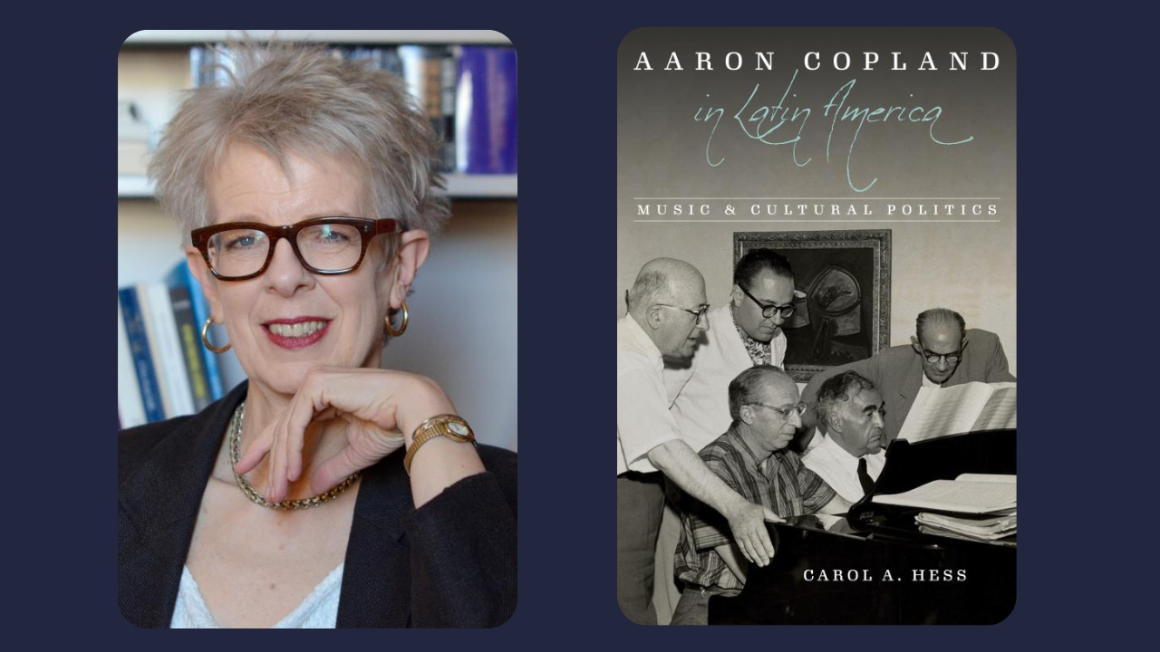 Professor in a portrait photo to the left of her book cover in a diptych