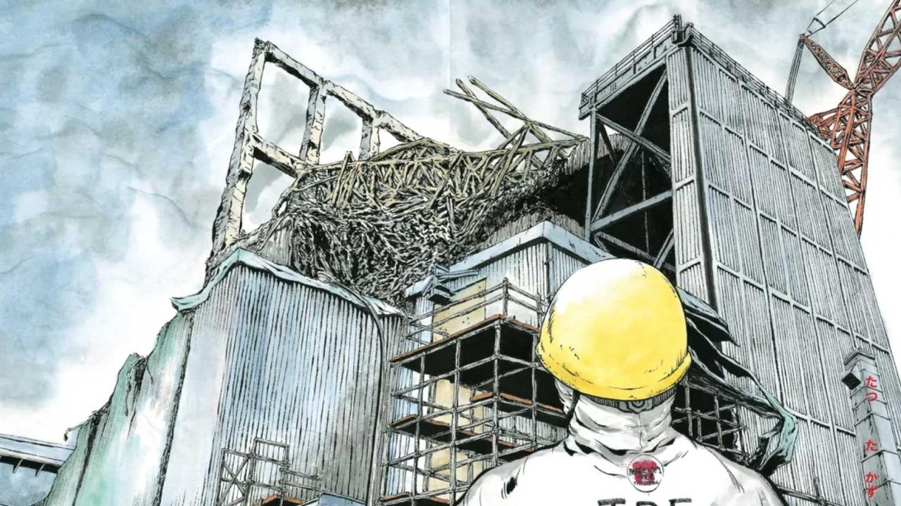 Comic shot of person with hard hat looking at building
