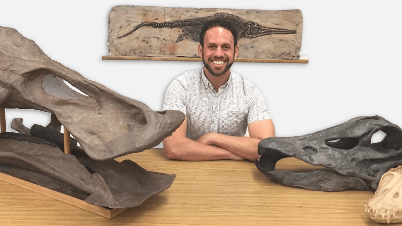 Man at table with fossil display
