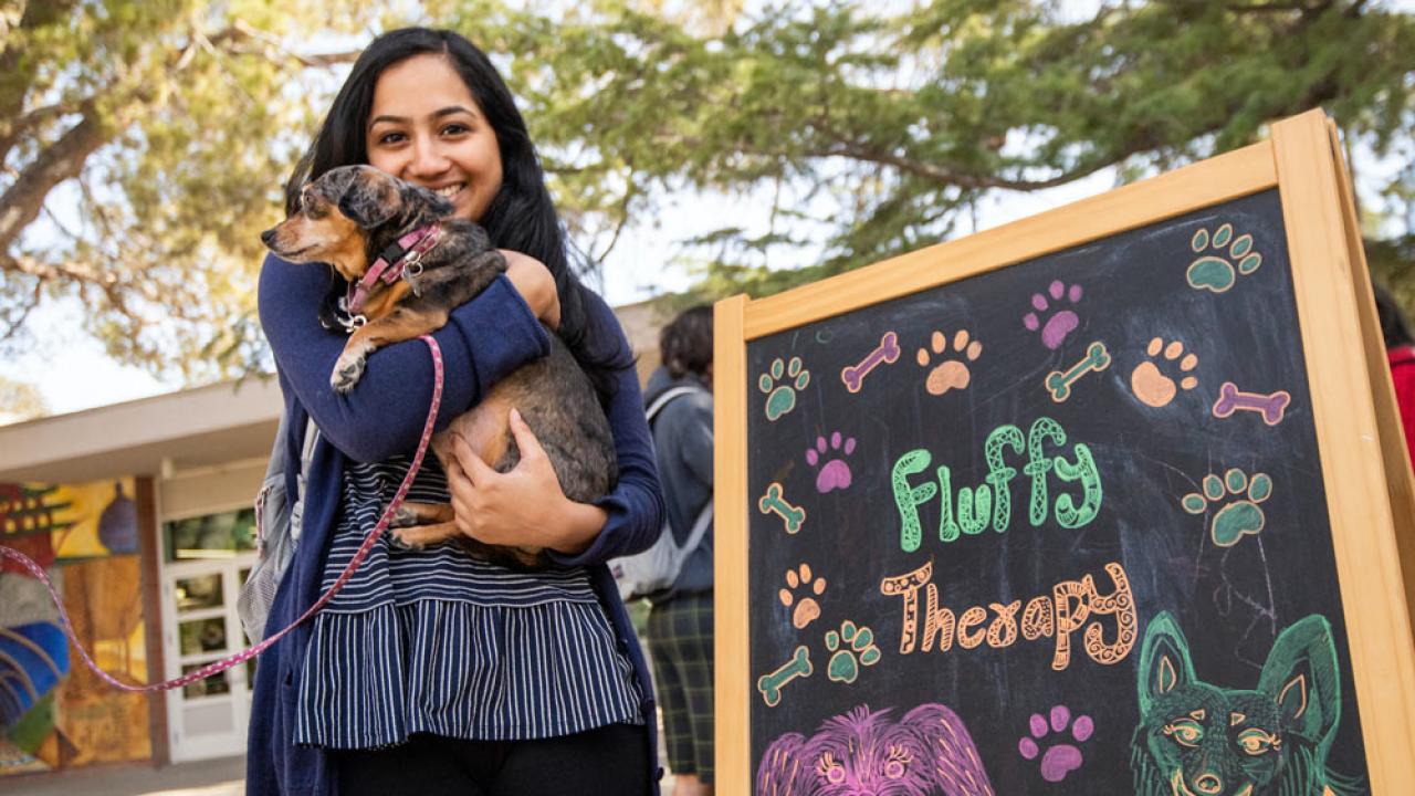 A student holds a puppy outside of the UC Davis Memorial Union
