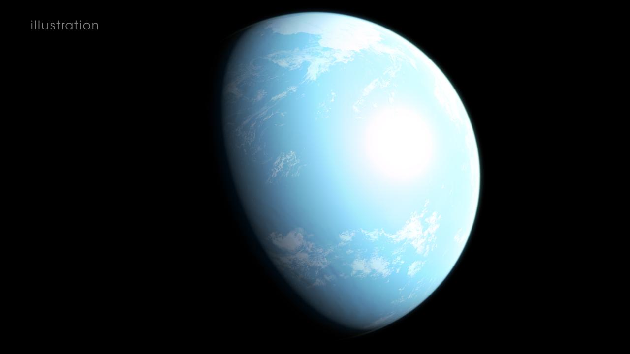 Pale blue planet, with some light clouds, lit from the right against a black background